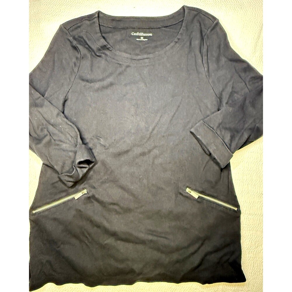 Croft & Barrow Women's Black Solid Knit Round Neck 3/4 Sleeve Pullover M